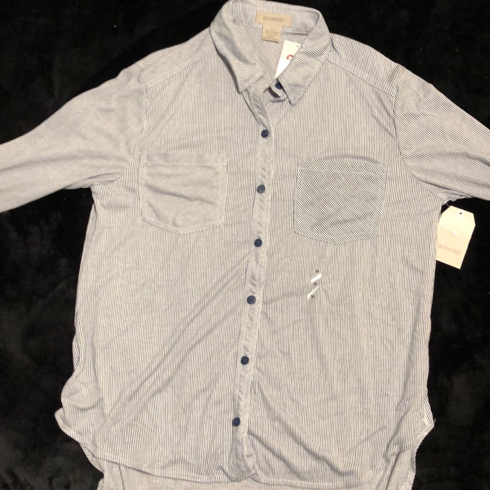 Navy/ White, Striped, Knit, Button Blouse